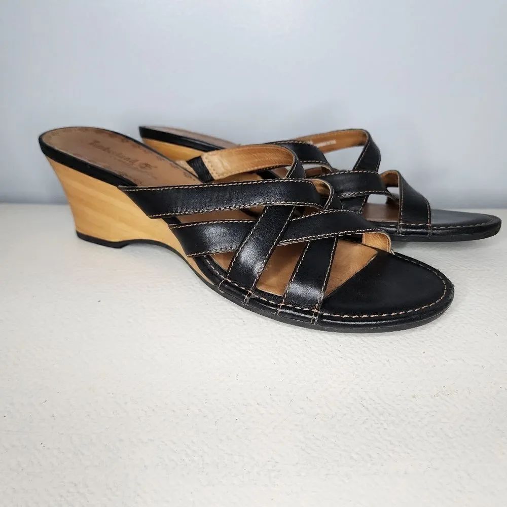 Timberland womens shoes 8.5 wedge heels black leather strappy slides